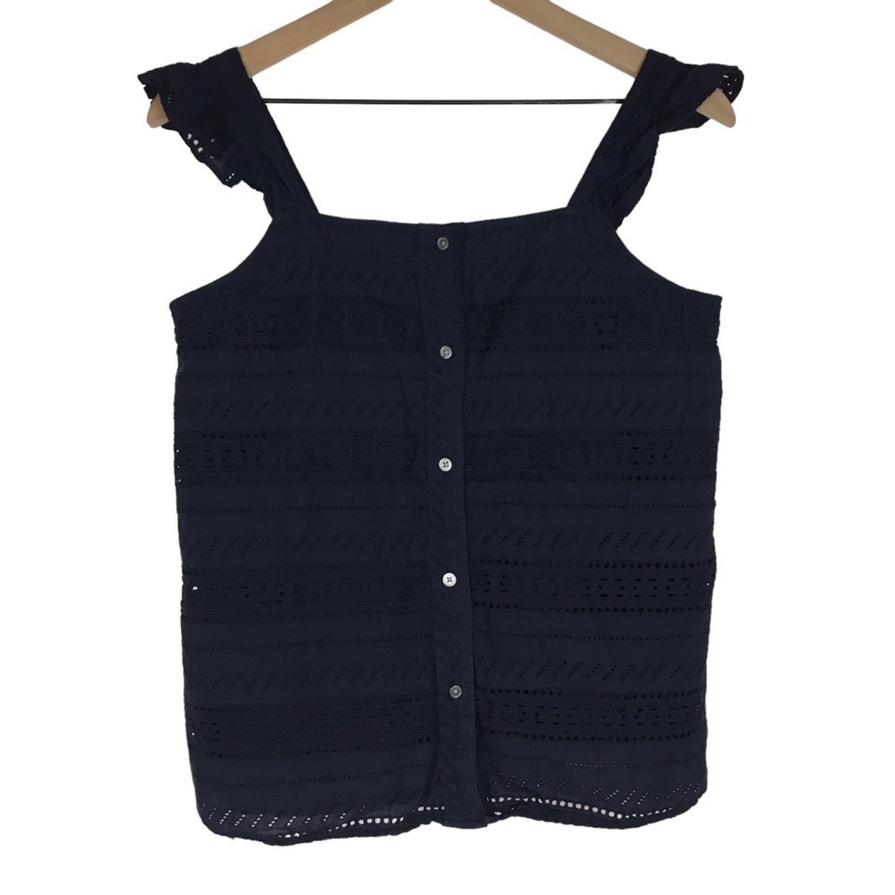 LOFT Eyelet Lace Shell Tank Top Ruffle Smocked Button Details Petite Size Medium